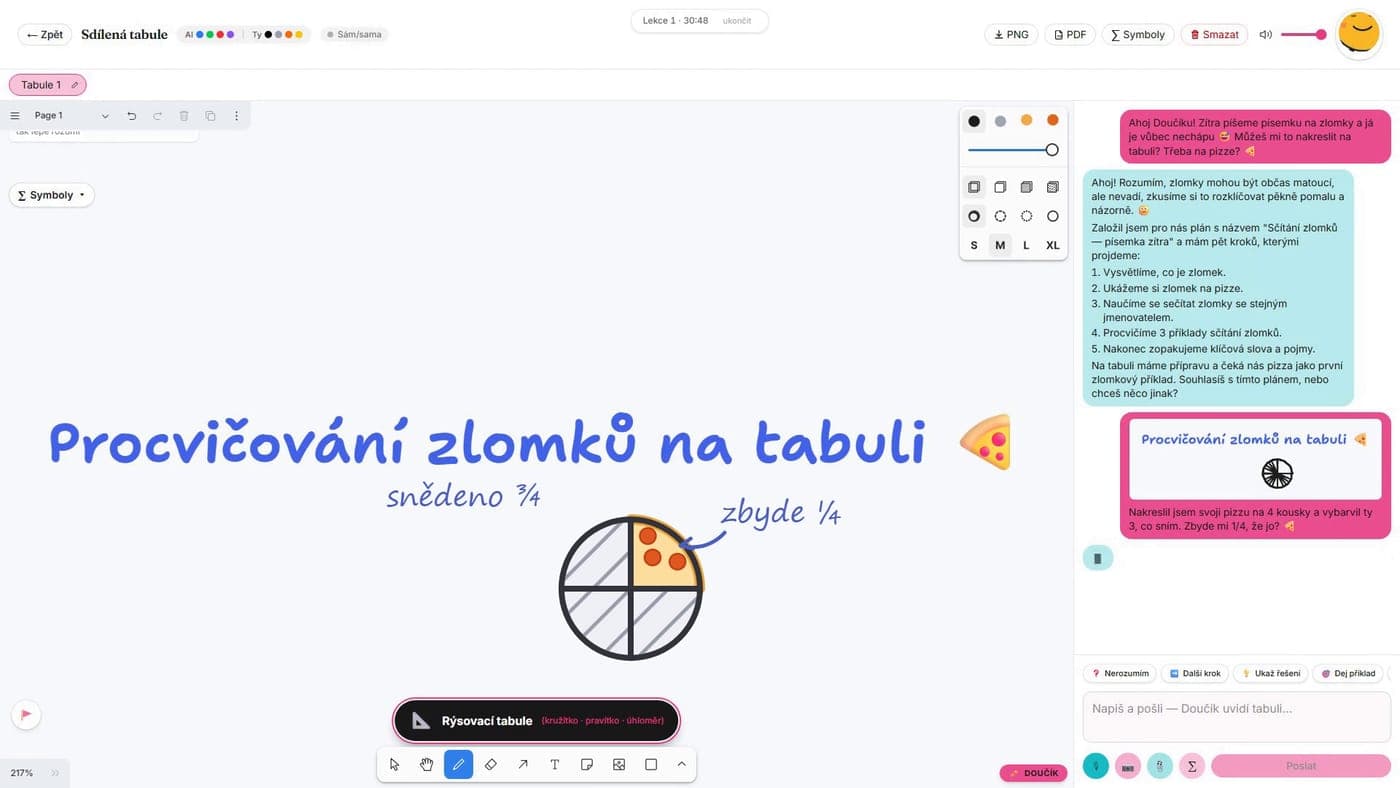 Doucik on a computer — full screen with the shared whiteboard and chat